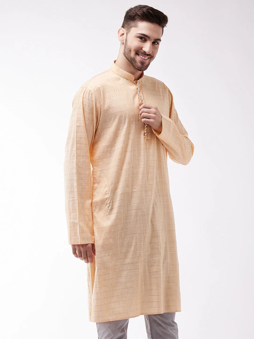 Men's Peach Cotton Blend Kurta - Vastramay