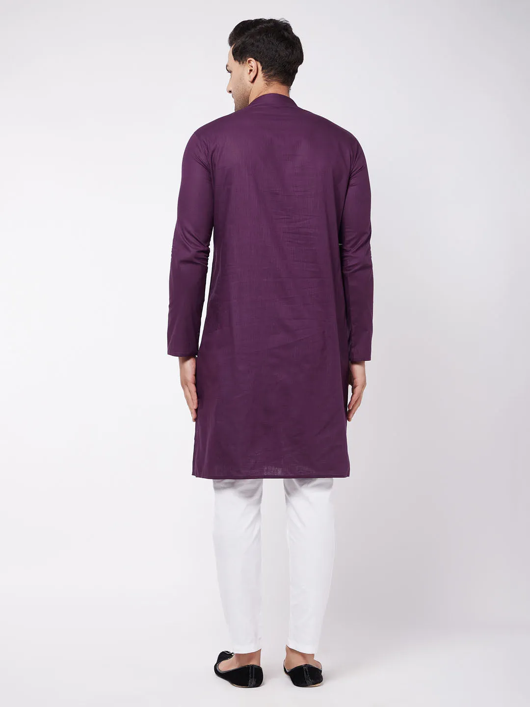 Men's Purple And White Cotton Linen Kurta Pyjama Set - Vastramay