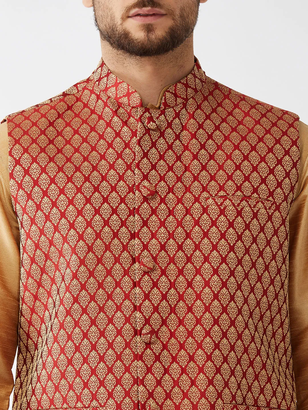 Men's Rose Gold And Maroon Silk Blend Jacket, Kurta And Pyjama Set - Vastramay