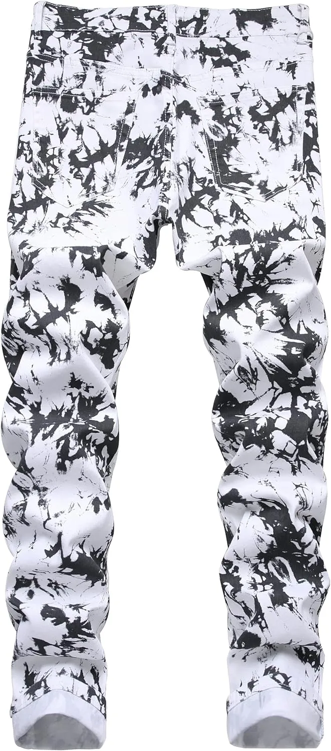 Men's Skinny Stretch Jeans Fashion Printed Slim Fit Jeans Comfort Flex Waist Casual Pants