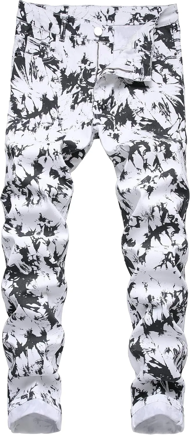 Men's Skinny Stretch Jeans Fashion Printed Slim Fit Jeans Comfort Flex Waist Casual Pants