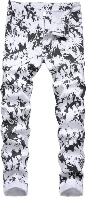 Men's Skinny Stretch Jeans Fashion Printed Slim Fit Jeans Comfort Flex Waist Casual Pants