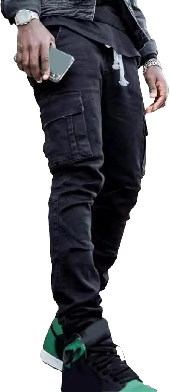 Men's Slim Fit Stretch Jeans Distressed Multi Pockets Cargo Denim Pants Fashion Ripped Skinny Jeans for Men