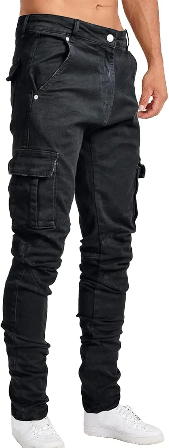 Men's Slim Fit Stretch Jeans Distressed Multi Pockets Cargo Denim Pants Fashion Ripped Skinny Jeans for Men