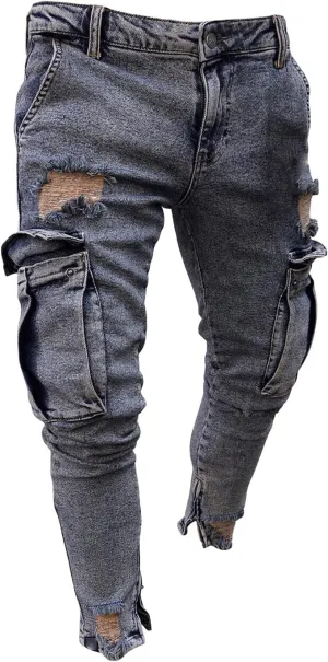 Men's Slim Fit Stretch Jeans Distressed Multi Pockets Cargo Denim Pants Fashion Ripped Skinny Jeans for Men