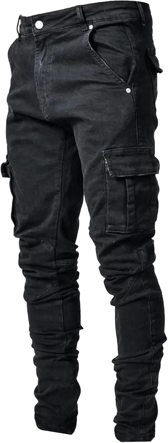Men's Slim Fit Stretch Jeans Distressed Multi Pockets Cargo Denim Pants Fashion Ripped Skinny Jeans for Men