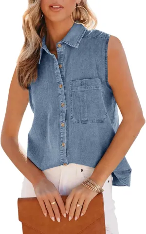 Orchidays Women's Denim Tank Top V Neck Button Down Collared Sleeveless Shirts Casual Blouse Tops