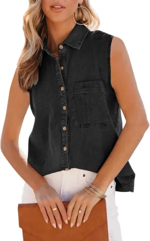 Orchidays Women's Denim Tank Top V Neck Button Down Collared Sleeveless Shirts Casual Blouse Tops