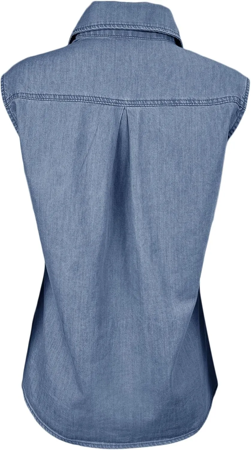 Orchidays Women's Denim Tank Top V Neck Button Down Collared Sleeveless Shirts Casual Blouse Tops