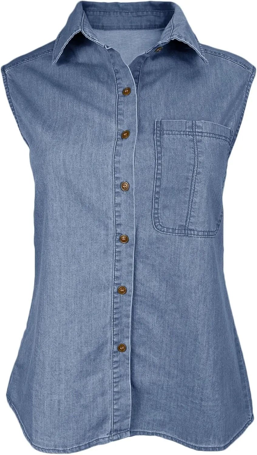 Orchidays Women's Denim Tank Top V Neck Button Down Collared Sleeveless Shirts Casual Blouse Tops