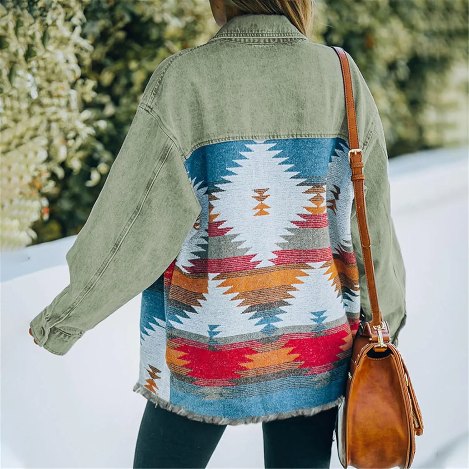 Oversized Denim Jacket Women Aztec Jean Jackets Distressed Long Sleeve Vintage Button Down Denim Shacket Coat Pockets
