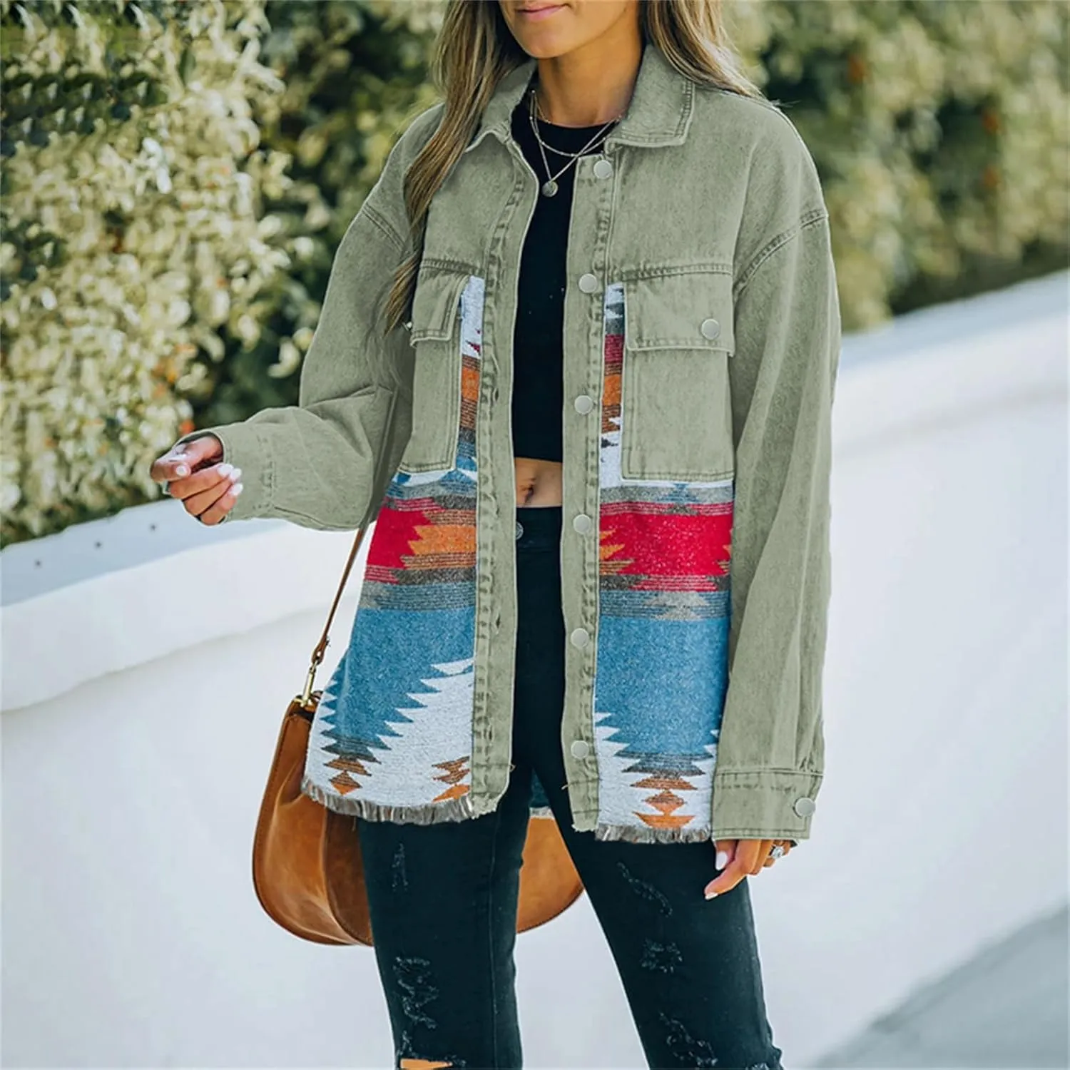 Oversized Denim Jacket Women Aztec Jean Jackets Distressed Long Sleeve Vintage Button Down Denim Shacket Coat Pockets