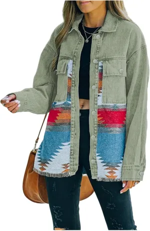 Oversized Denim Jacket Women Aztec Jean Jackets Distressed Long Sleeve Vintage Button Down Denim Shacket Coat Pockets
