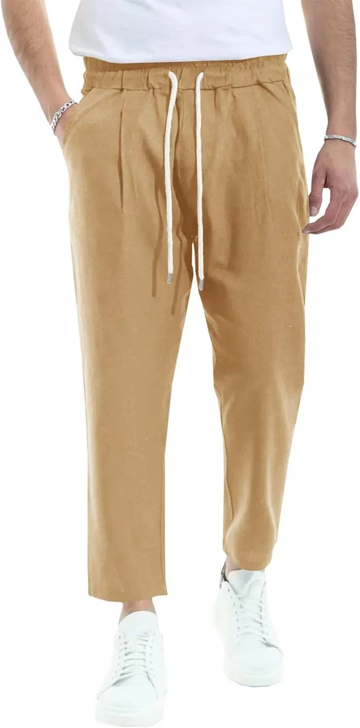 PASLTER Mens Linen Cotton Pants Casual Drawstring Elastic Waist Summer Beach Yoga Trousers