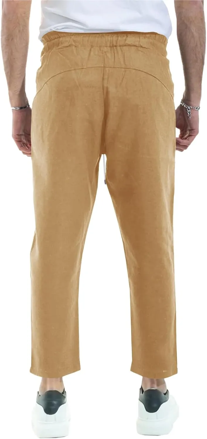 PASLTER Mens Linen Cotton Pants Casual Drawstring Elastic Waist Summer Beach Yoga Trousers
