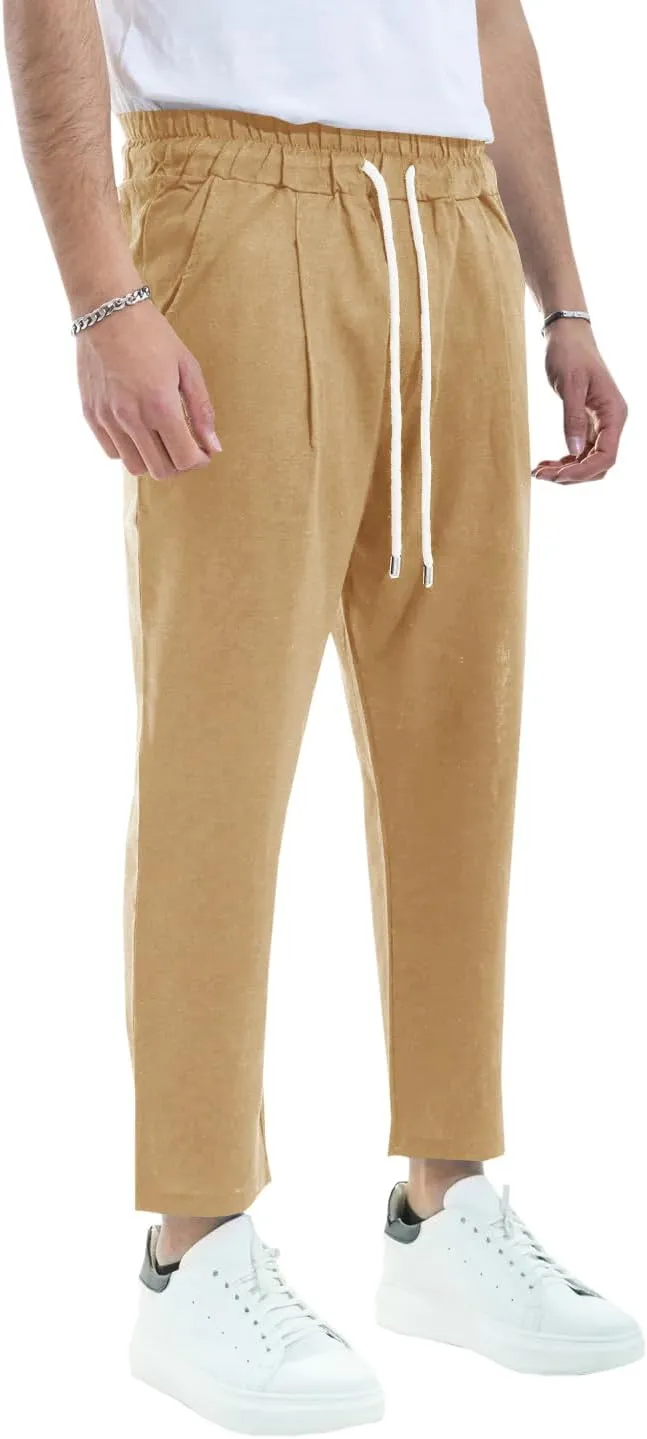 PASLTER Mens Linen Cotton Pants Casual Drawstring Elastic Waist Summer Beach Yoga Trousers
