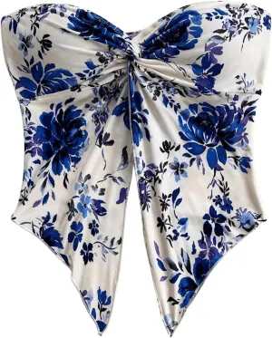SHENHE Women's Floral Crop Tube Top Twist Front Strapless Split Asymmetrical Boho Flowy Bandeau