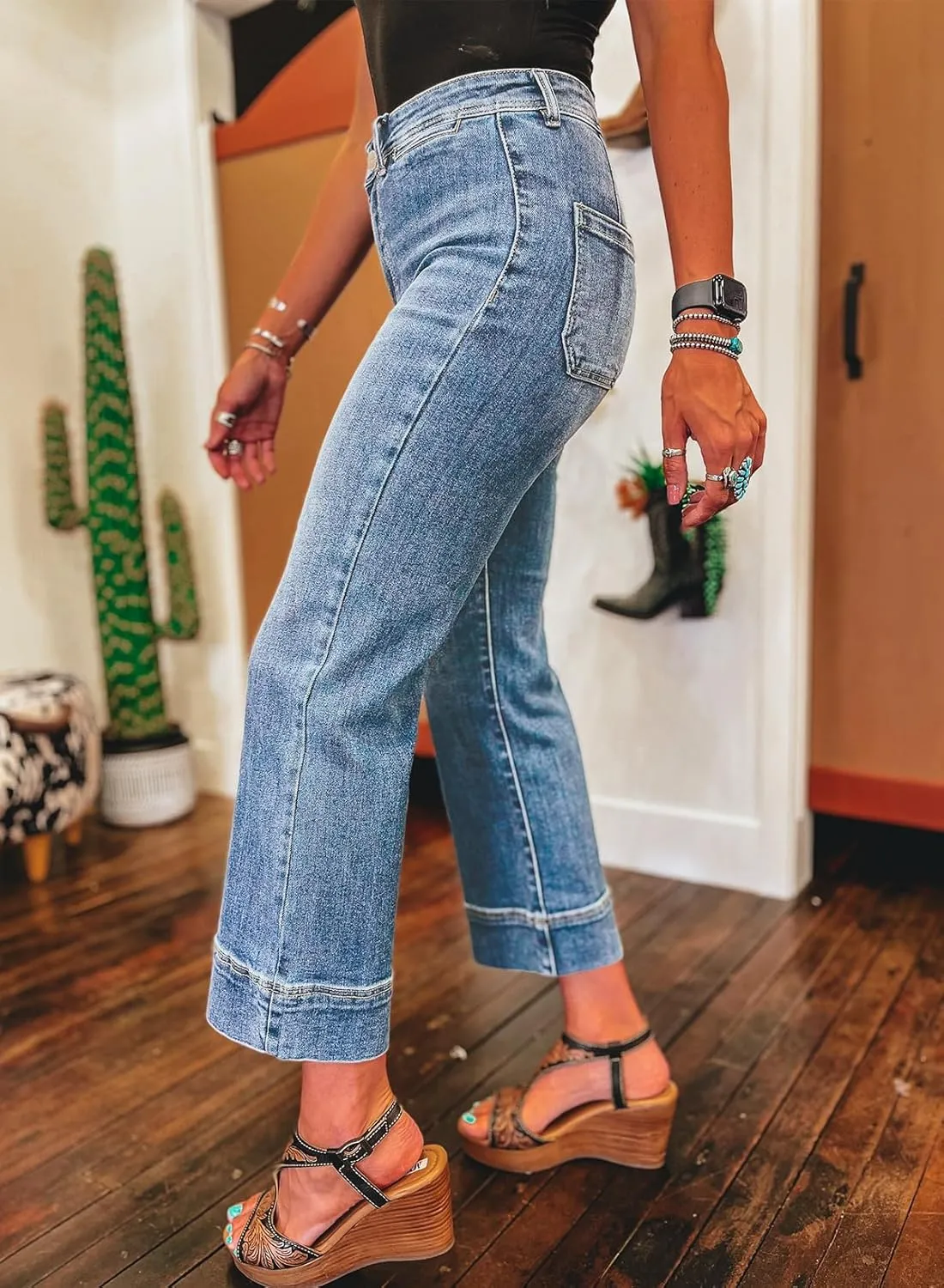SHEWIN Wide Leg Jeans for Women Trendy High Waisted Flare Jeans Stretchy Straight Leg Ankle Denim Pants with Pockets