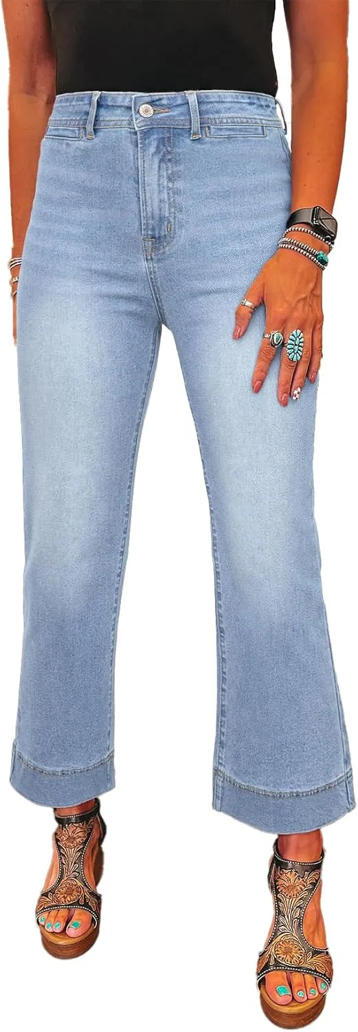 SHEWIN Wide Leg Jeans for Women Trendy High Waisted Flare Jeans Stretchy Straight Leg Ankle Denim Pants with Pockets