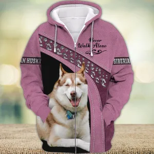 Siberian Husky Love Never Walk Alone Pink 3D Full Print Shirts, Shirt For Dog Lovers, Dog Memorial Gifts for loss of Dog