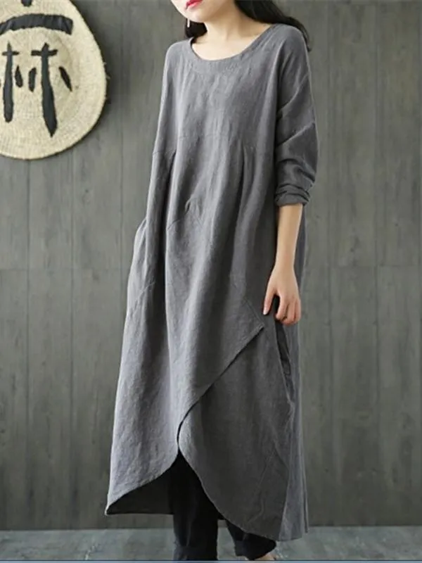 Solid Color Linen Cotton Loose Maxi Dress