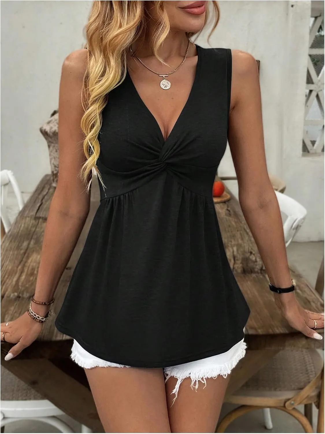 SOLY HUX Women's Tank Top Twist Front V Neck Sleeveless Peplum Summer Tops