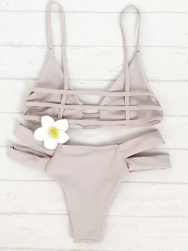 Spaghetti Straps Solid Color Bandage Bikini Set