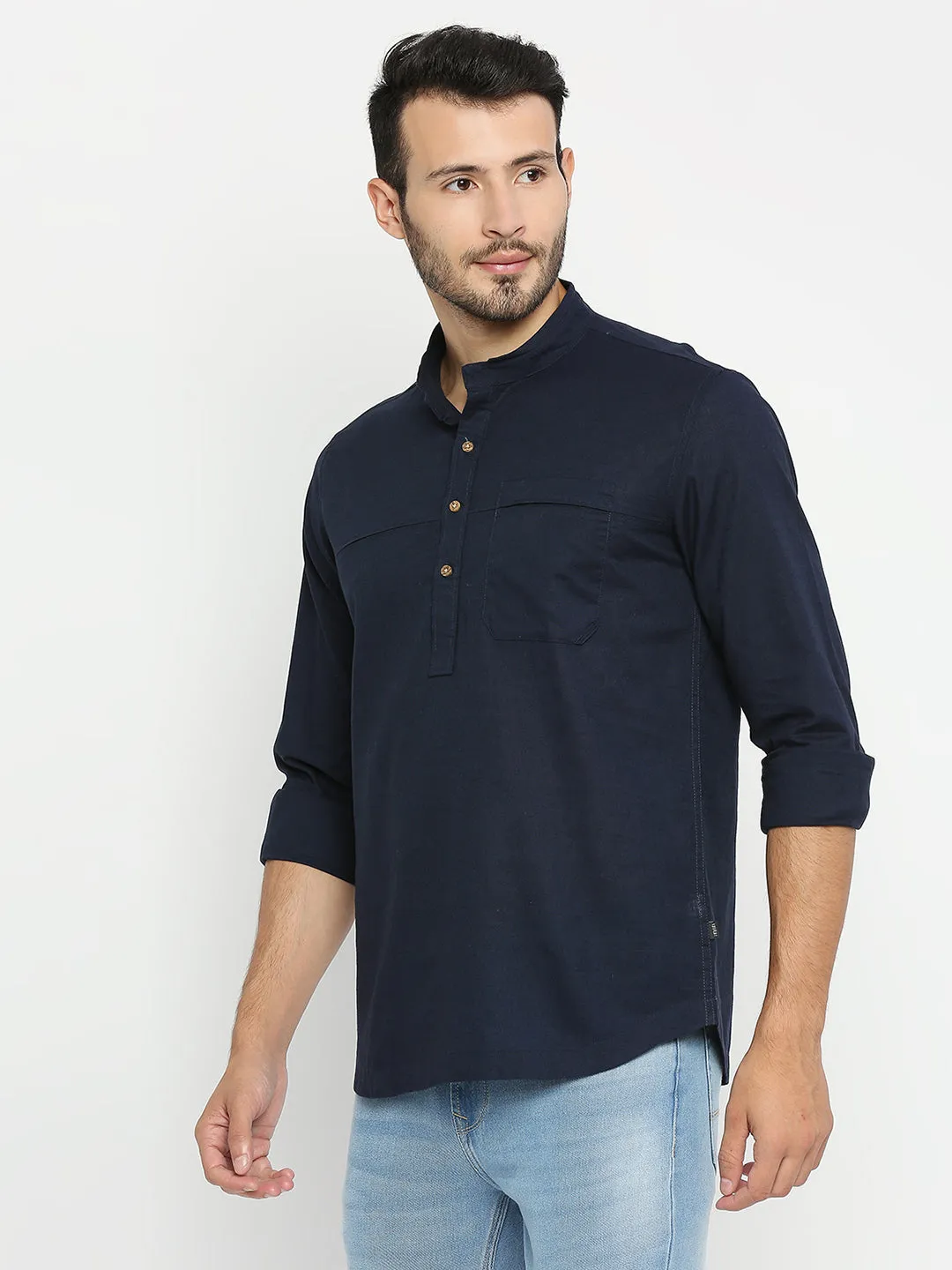 Spykar Men Navy Blue Cotton Linen Full Sleeve Plain Kurta