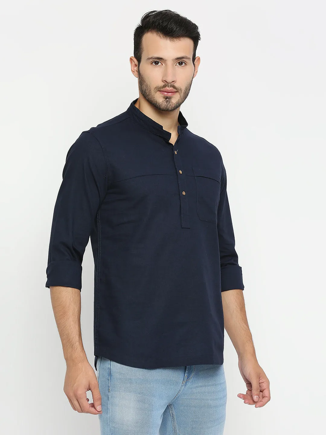 Spykar Men Navy Blue Cotton Linen Full Sleeve Plain Kurta
