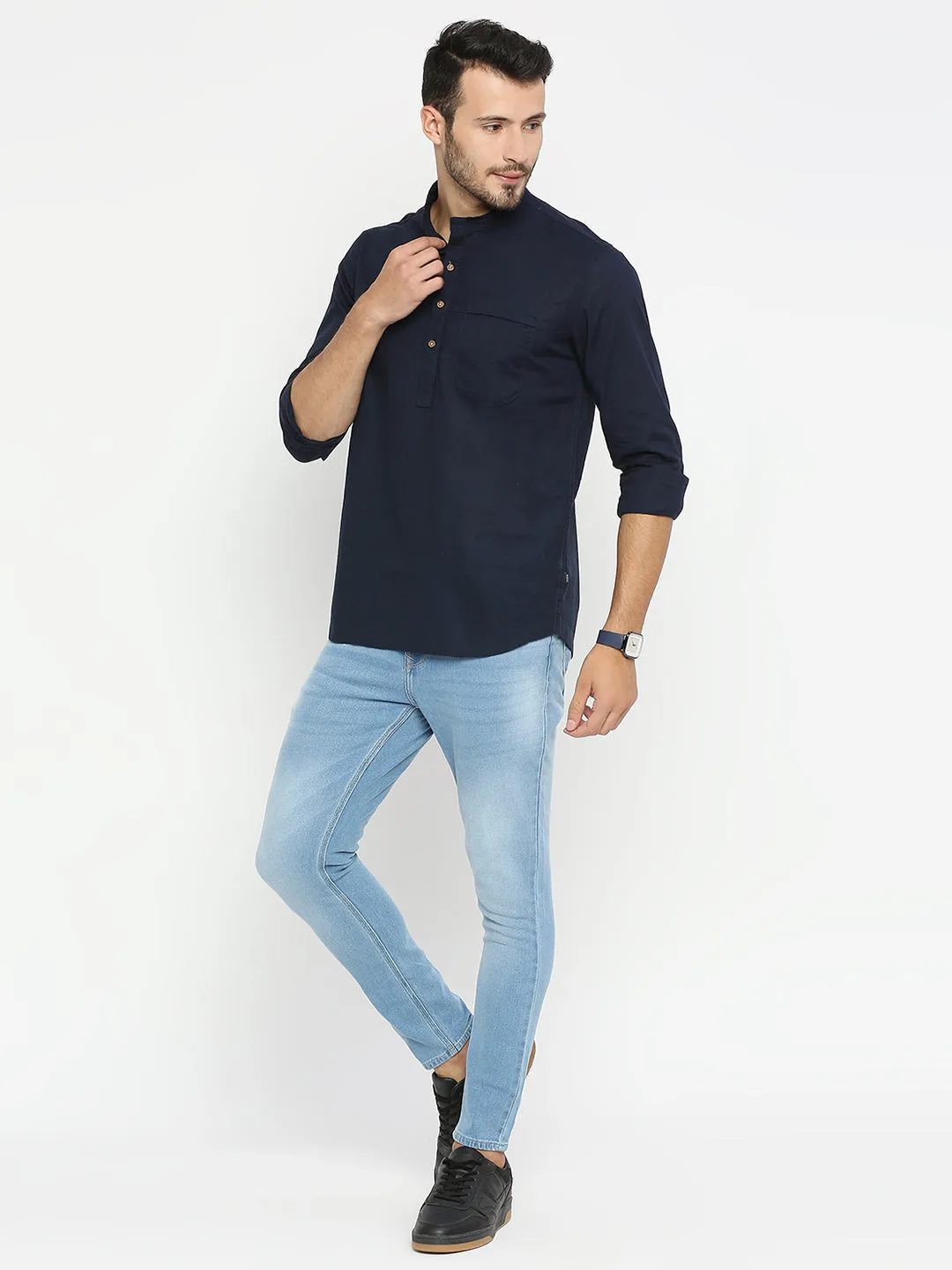 Spykar Men Navy Blue Cotton Linen Full Sleeve Plain Kurta