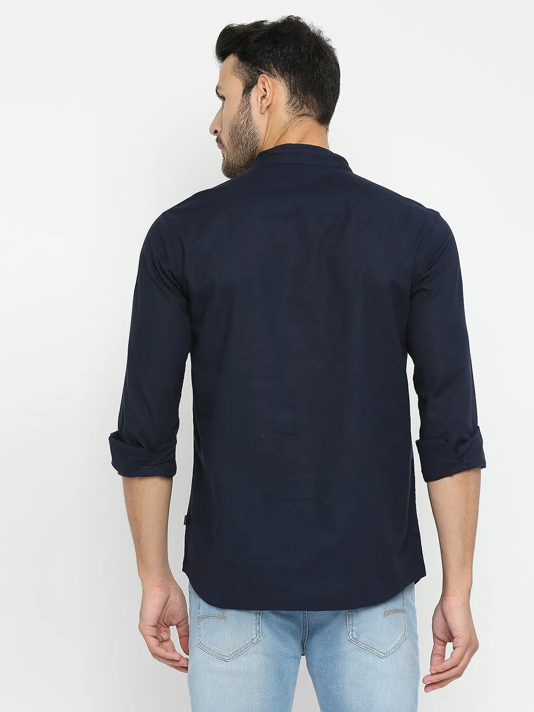 Spykar Men Navy Blue Cotton Linen Full Sleeve Plain Kurta