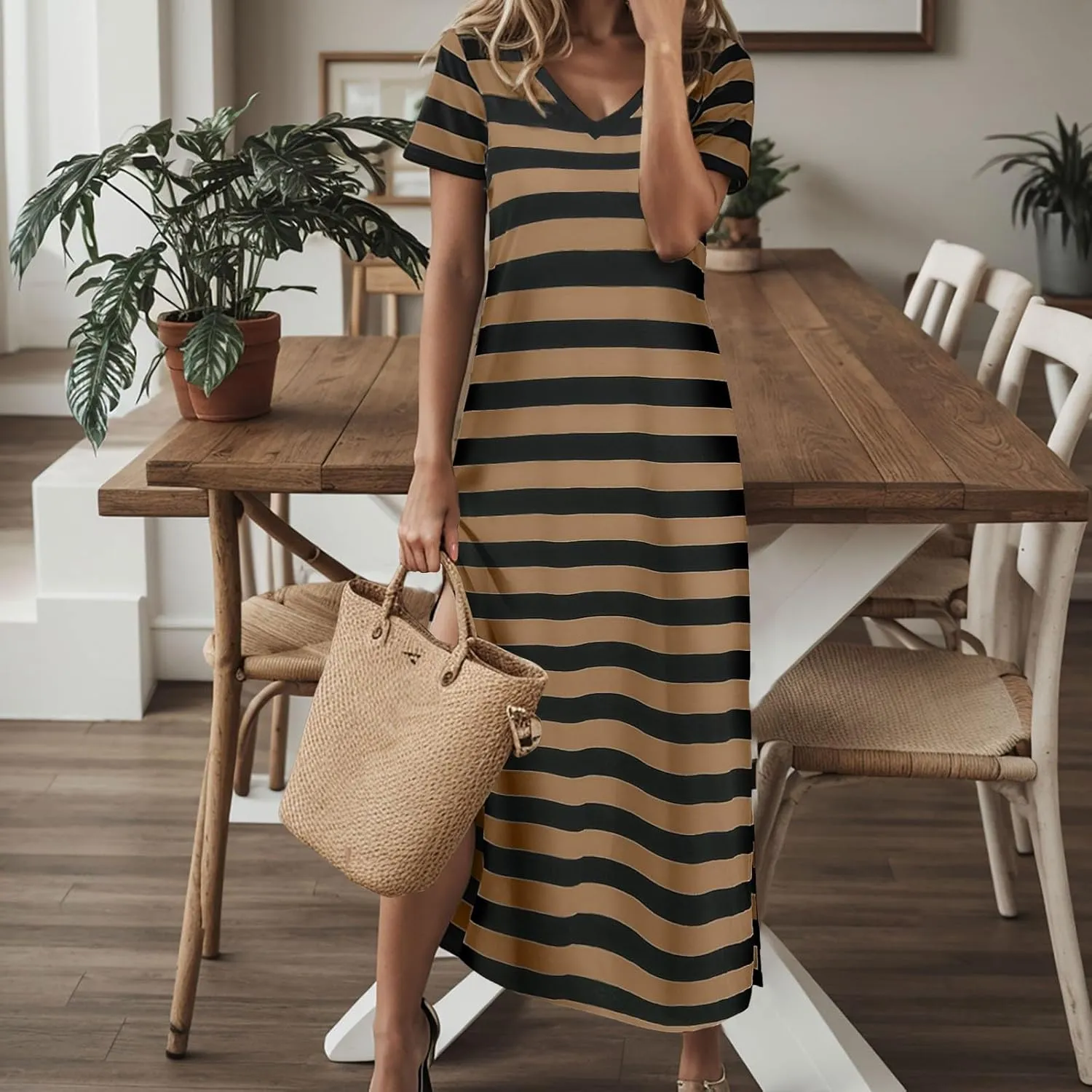 Summer Dress for Women Casual Fashion Short Sleeve V-Neck T Shirt Striped Long Color Block Side Slit Beach Maxi Dress