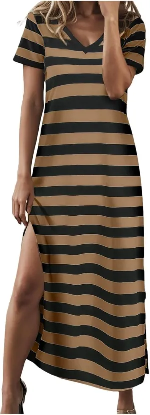 Summer Dress for Women Casual Fashion Short Sleeve V-Neck T Shirt Striped Long Color Block Side Slit Beach Maxi Dress