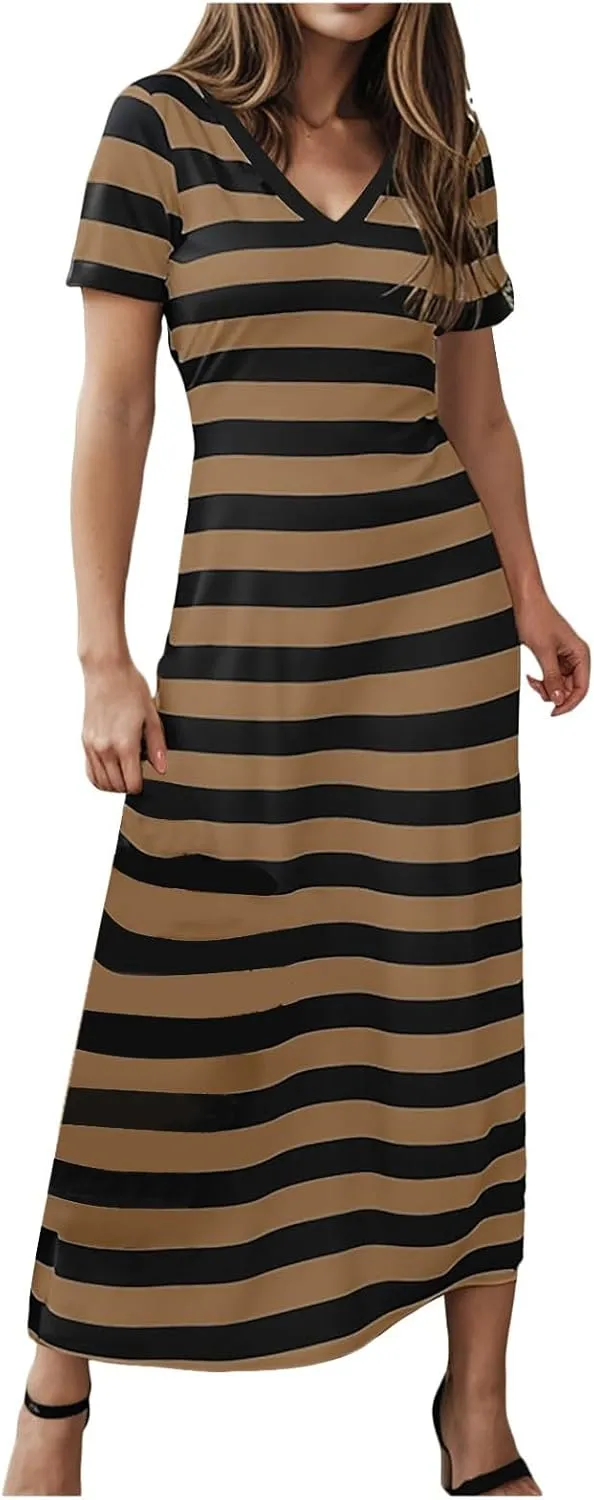 Summer Dress for Women Casual Fashion Short Sleeve V-Neck T Shirt Striped Long Color Block Side Slit Beach Maxi Dress