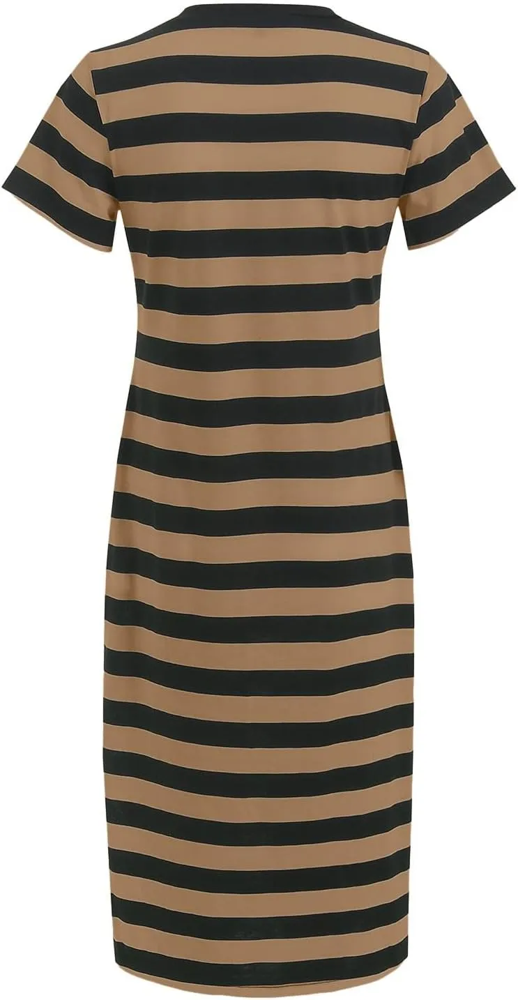Summer Dress for Women Casual Fashion Short Sleeve V-Neck T Shirt Striped Long Color Block Side Slit Beach Maxi Dress