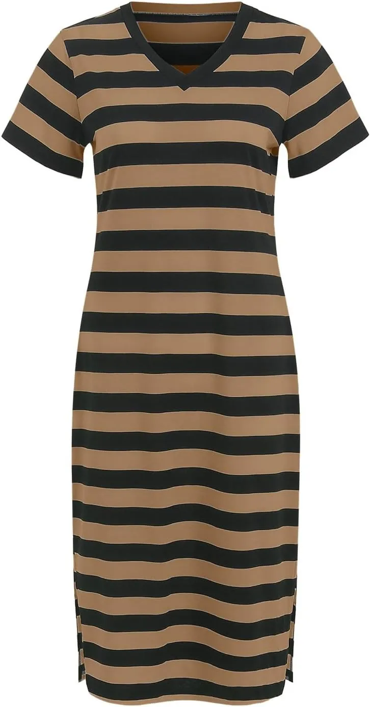 Summer Dress for Women Casual Fashion Short Sleeve V-Neck T Shirt Striped Long Color Block Side Slit Beach Maxi Dress