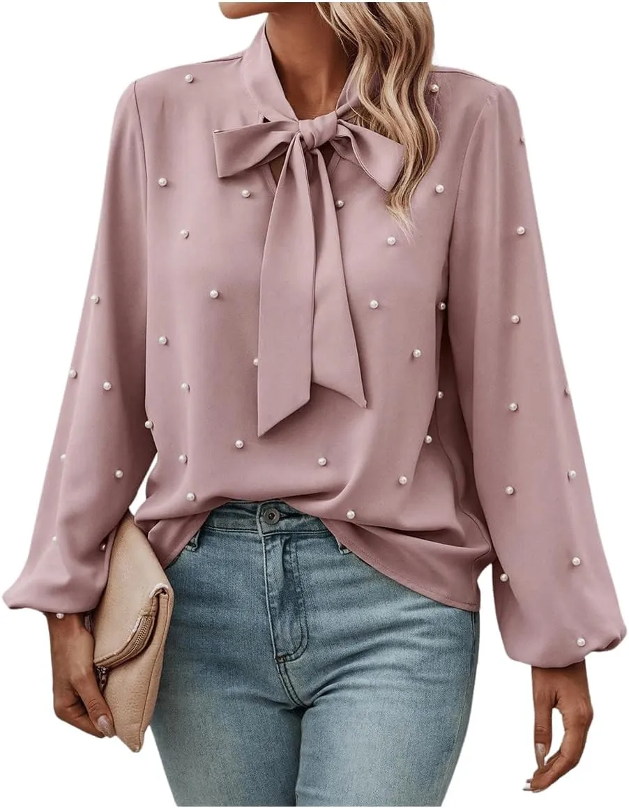 SweatyRocks Women's Pearls Bow Tie Mock Neck Long Sleeve Shirts Casual Loose Fit Blouse Top