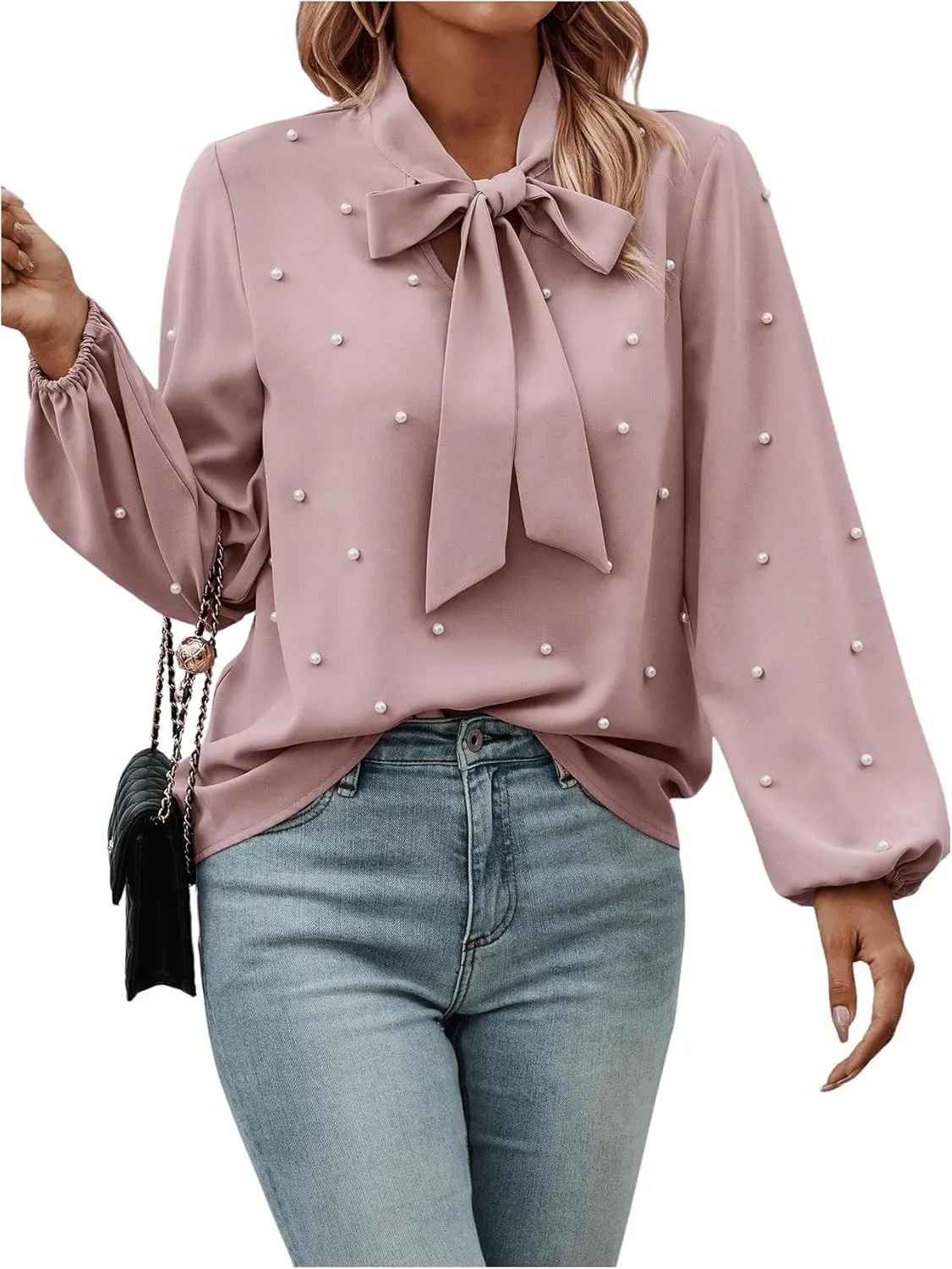 SweatyRocks Women's Pearls Bow Tie Mock Neck Long Sleeve Shirts Casual Loose Fit Blouse Top
