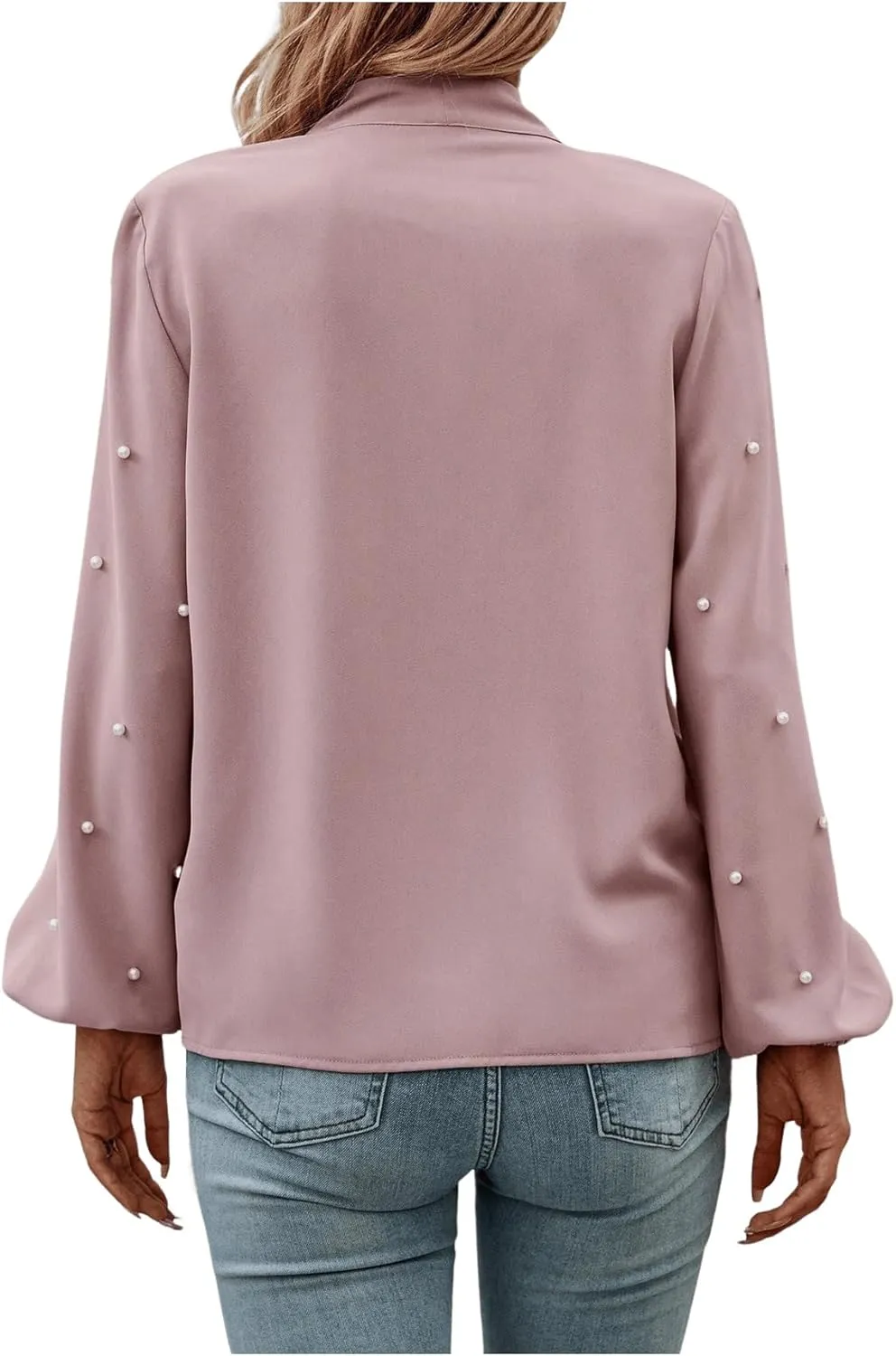 SweatyRocks Women's Pearls Bow Tie Mock Neck Long Sleeve Shirts Casual Loose Fit Blouse Top