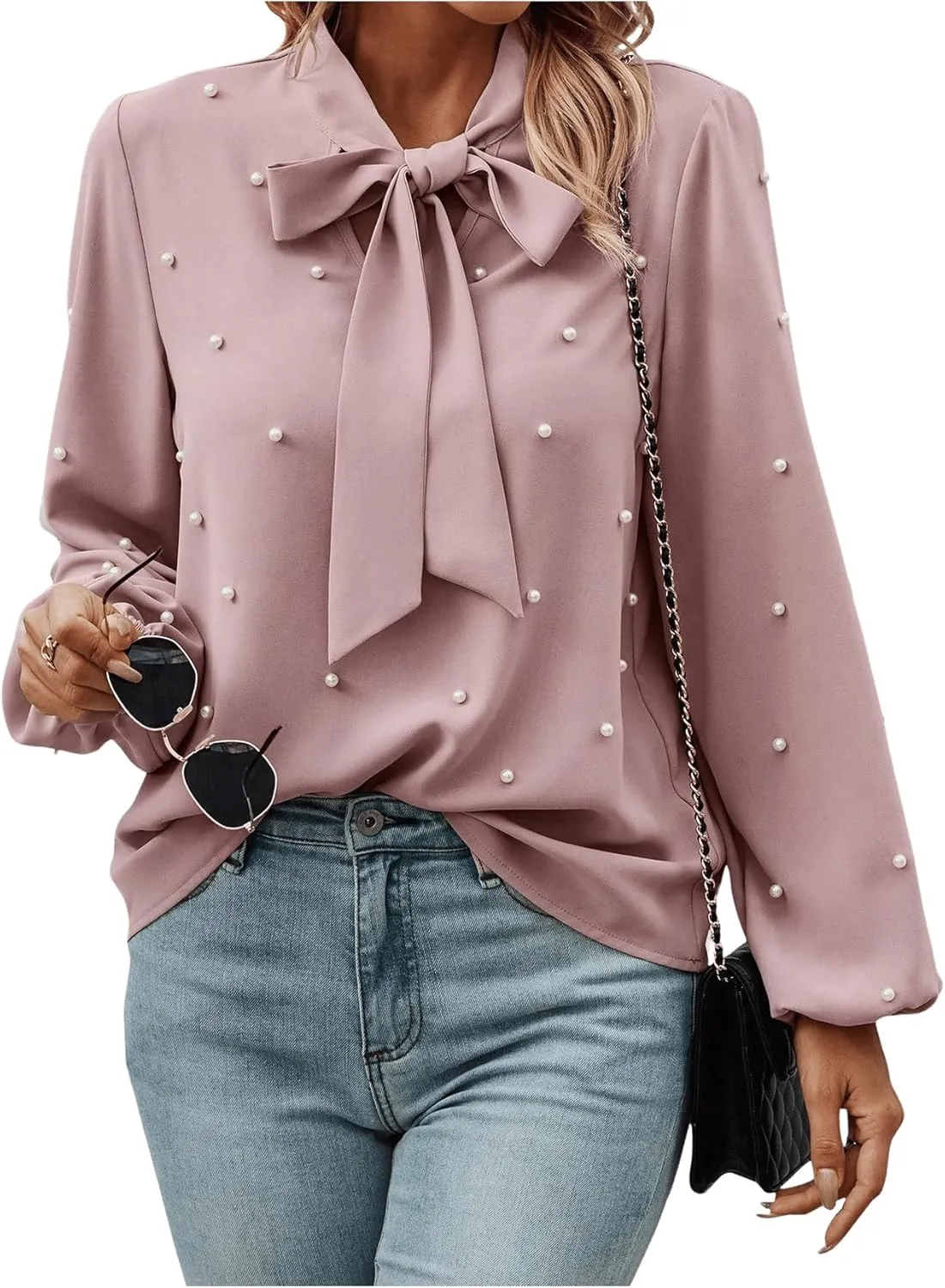 SweatyRocks Women's Pearls Bow Tie Mock Neck Long Sleeve Shirts Casual Loose Fit Blouse Top