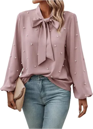 SweatyRocks Women's Pearls Bow Tie Mock Neck Long Sleeve Shirts Casual Loose Fit Blouse Top