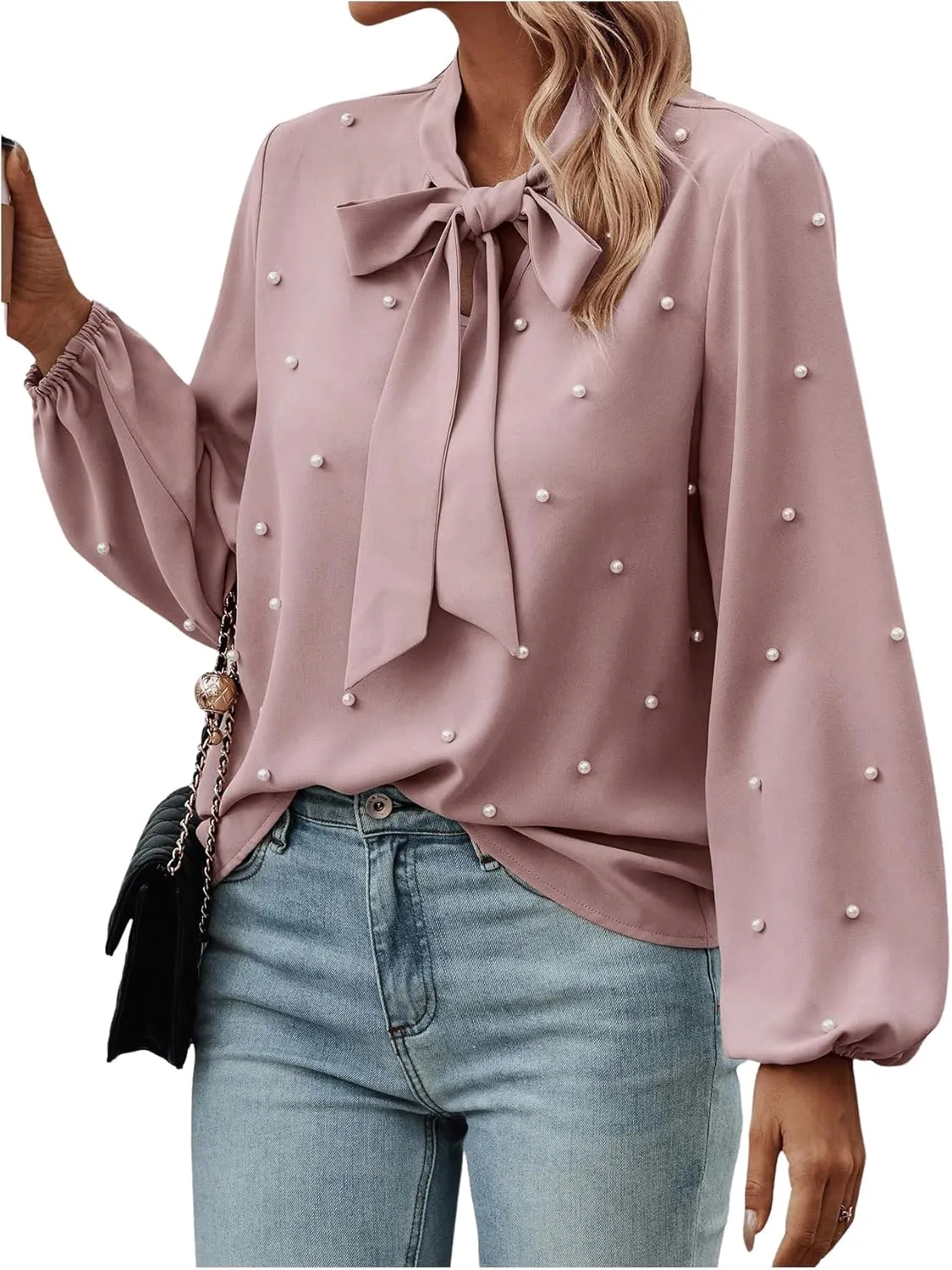 SweatyRocks Women's Pearls Bow Tie Mock Neck Long Sleeve Shirts Casual Loose Fit Blouse Top