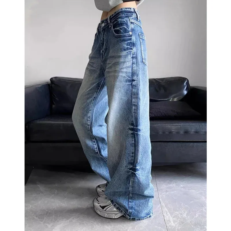 TAVIMART  -  Blue Jeans Women American Style 90S Vintage High Waisted Jean Straight Trouser Streetwear Casual Loose Wide Leg Denim Pants