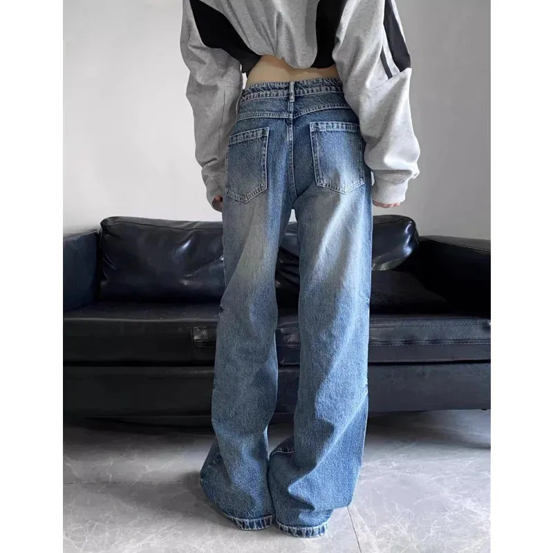 TAVIMART  -  Blue Jeans Women American Style 90S Vintage High Waisted Jean Straight Trouser Streetwear Casual Loose Wide Leg Denim Pants