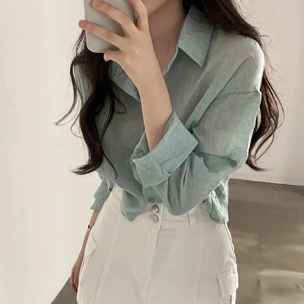 Trendy Shirt Blouse Simple Thin Pure Color Anti-UV Shirt Anti-fade Shirt Top Women Solid Color Sun Protection Shirt Streetwear