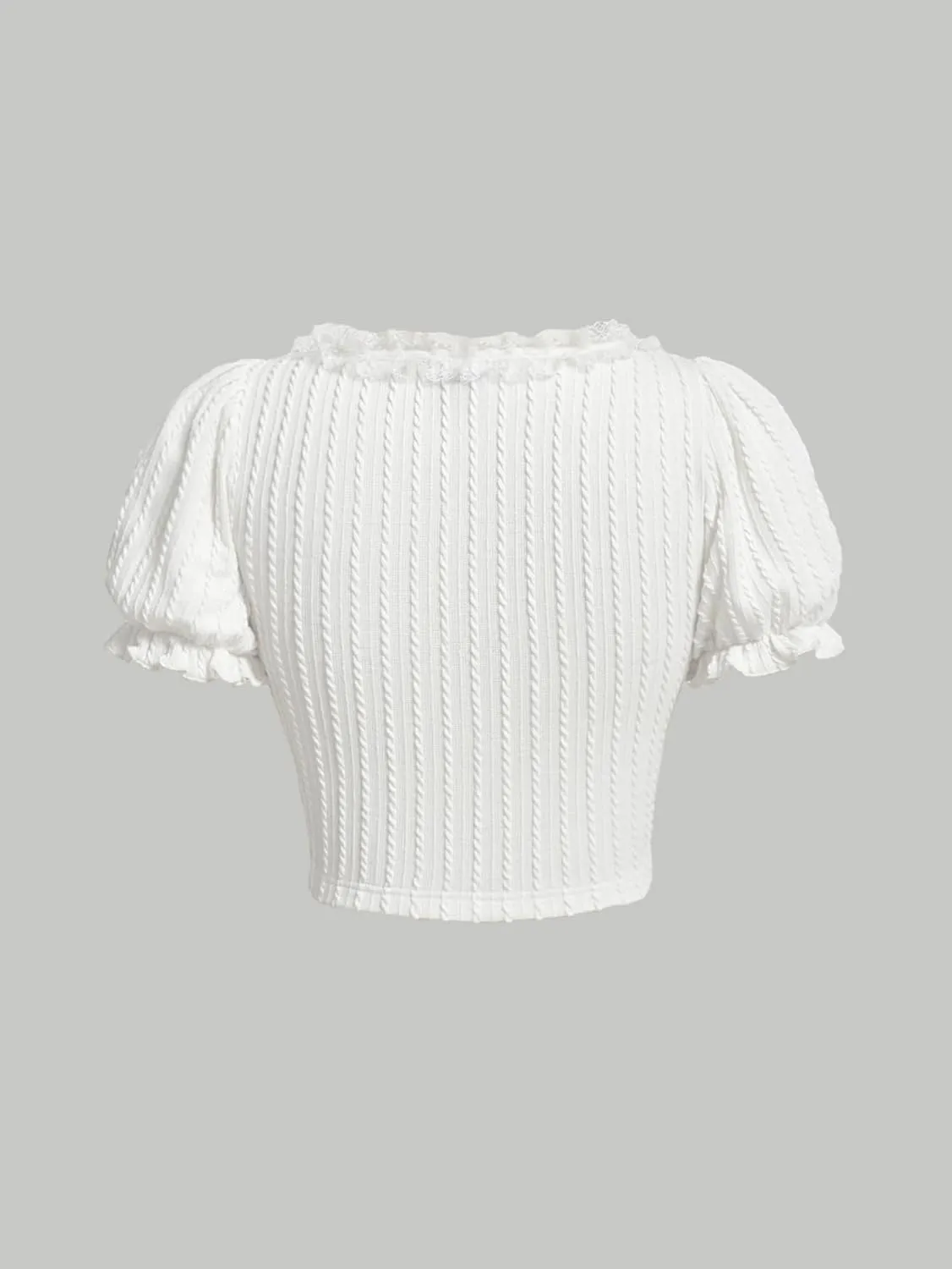 Verdusa Women's Knot Front Lace Trim Puff Sleeve V Neck Crop Tee Shirt Top