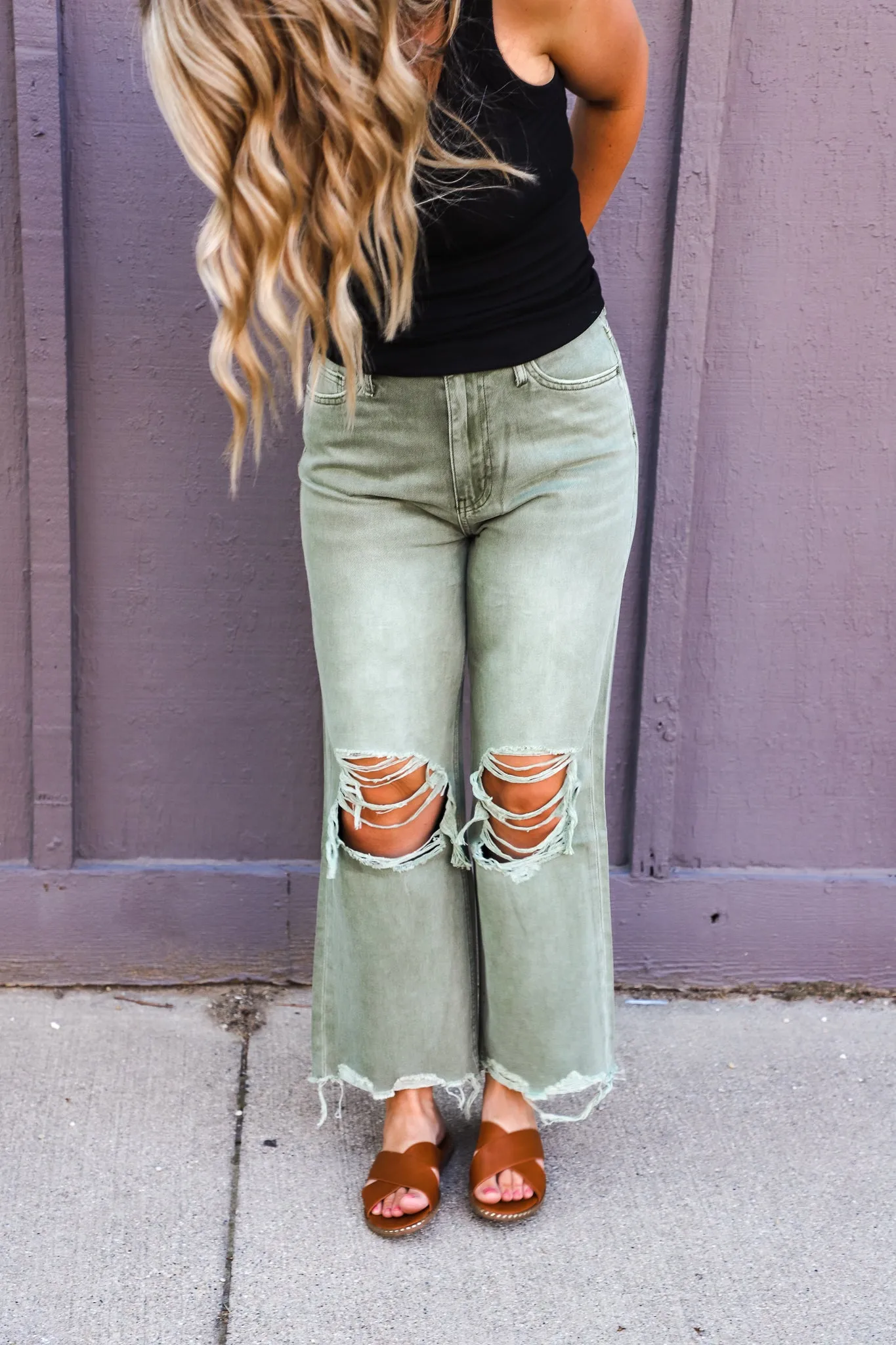 Vervet Olive Cropped Distressed Jean