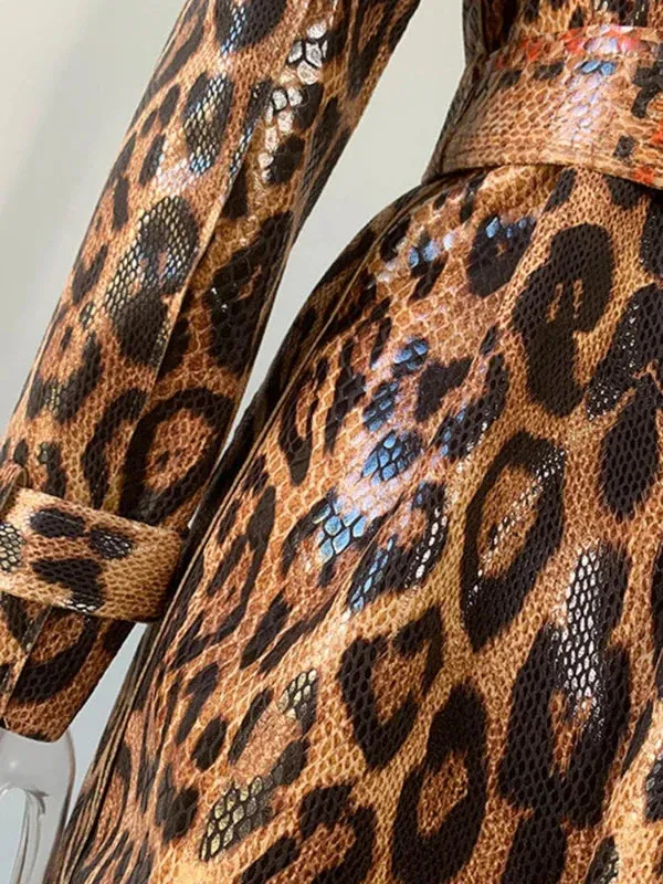 Wenkouban-Winter outfits Christmas Black Friday Brown Leopard Printed Long Belt PU Leather Style Trench Coat