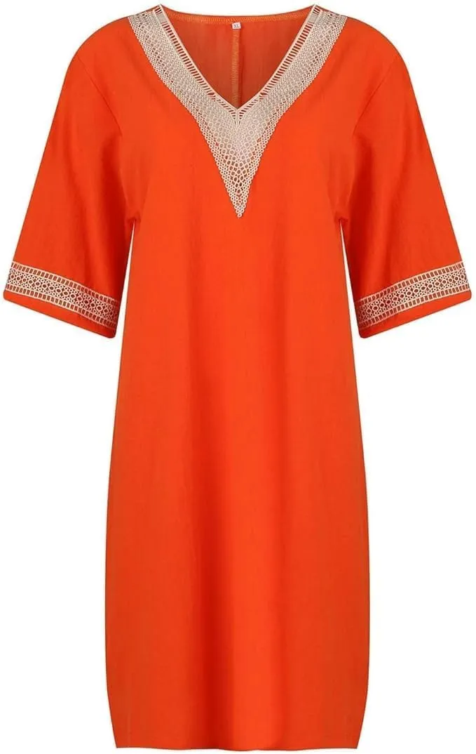 Women Short Sleeve Linen Cotton Shift Dress Ladies Lace V Neck Shirt Midi Knee Length Dress Summer