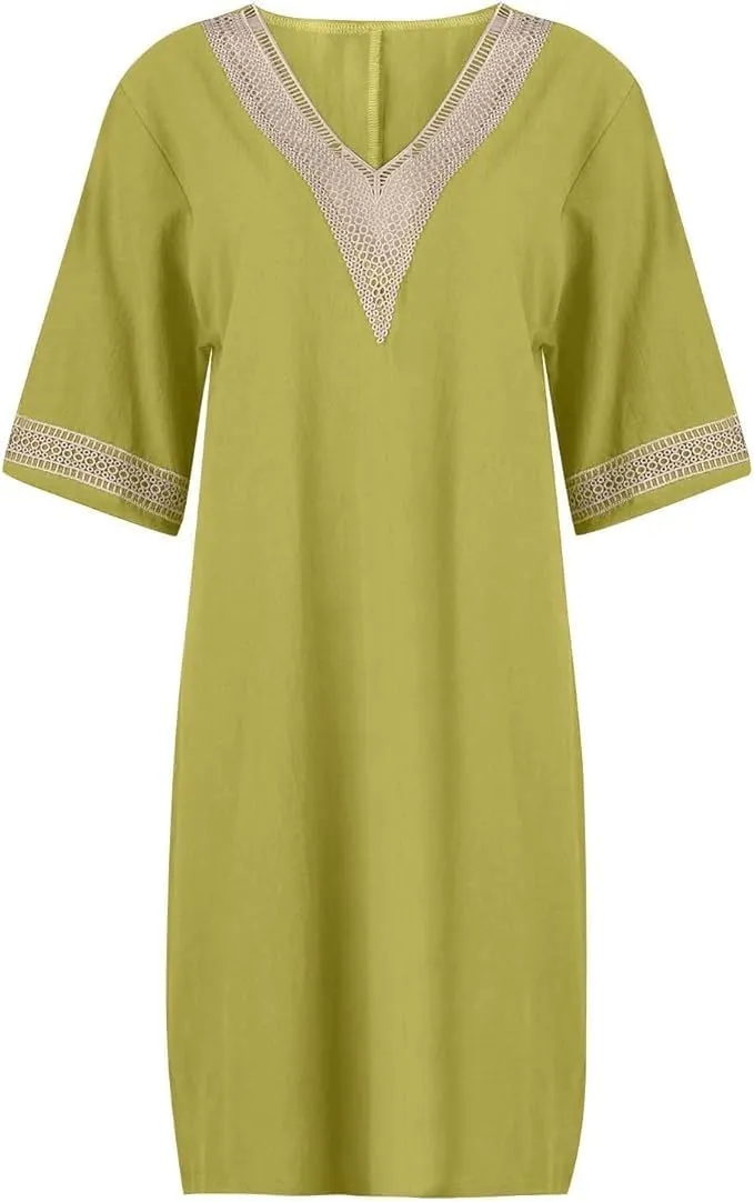 Women Short Sleeve Linen Cotton Shift Dress Ladies Lace V Neck Shirt Midi Knee Length Dress Summer